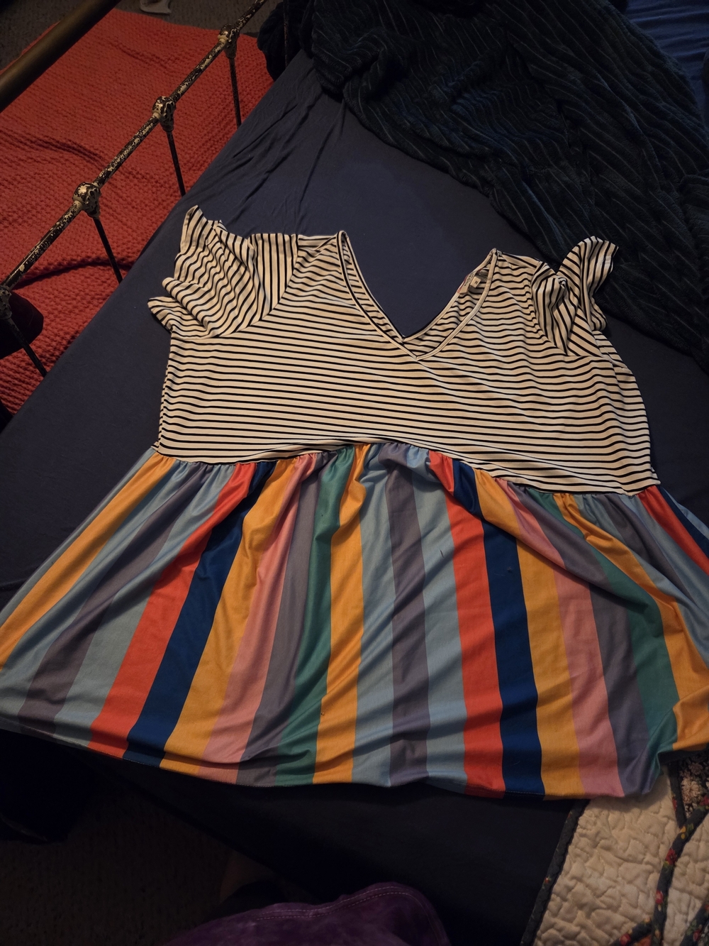 ANDREE BY UNIT Black and White Striped Top with Multicolor Vertical Stripe Top